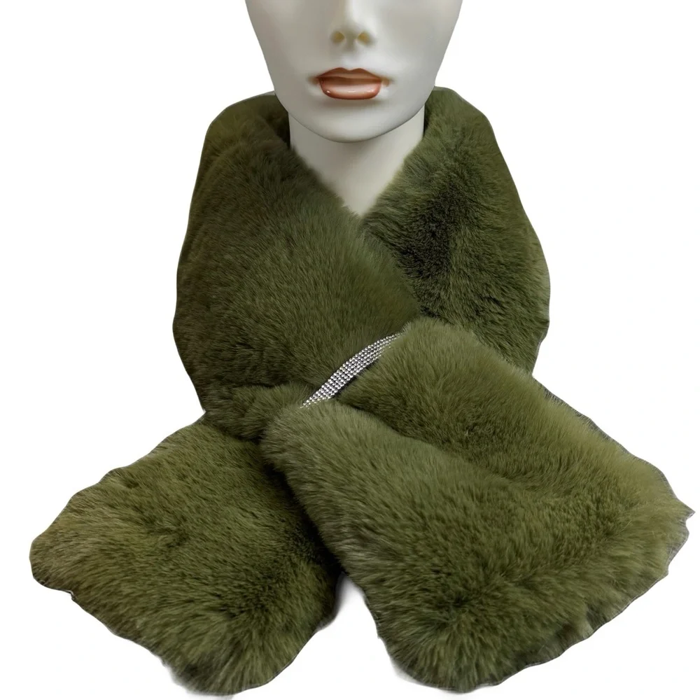Faux Fur Bling Pull Through Scarf Reversible Wrap Collar Soft Furry -Olive Green